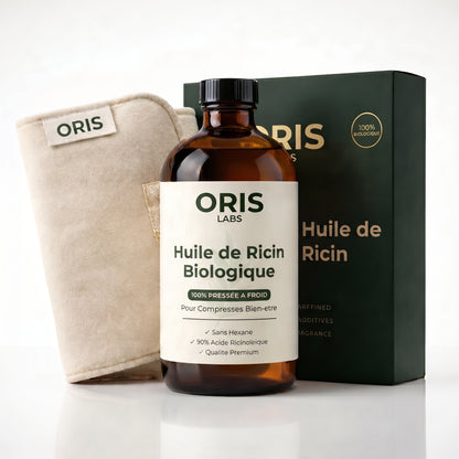 Pack et flacon Oris Labs - huile de ricin biologique