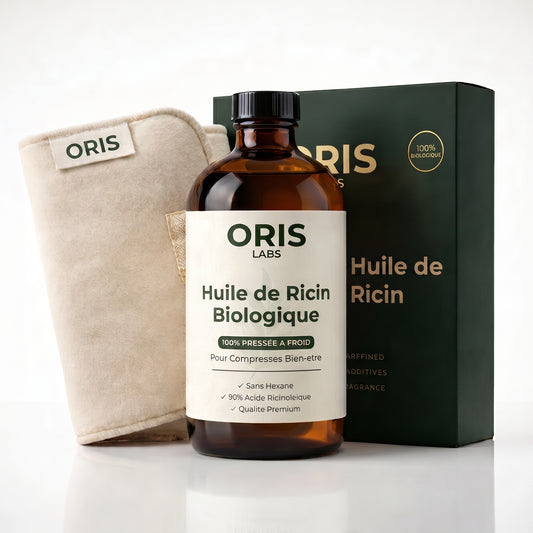 Pack et flacon Oris Labs - huile de ricin biologique