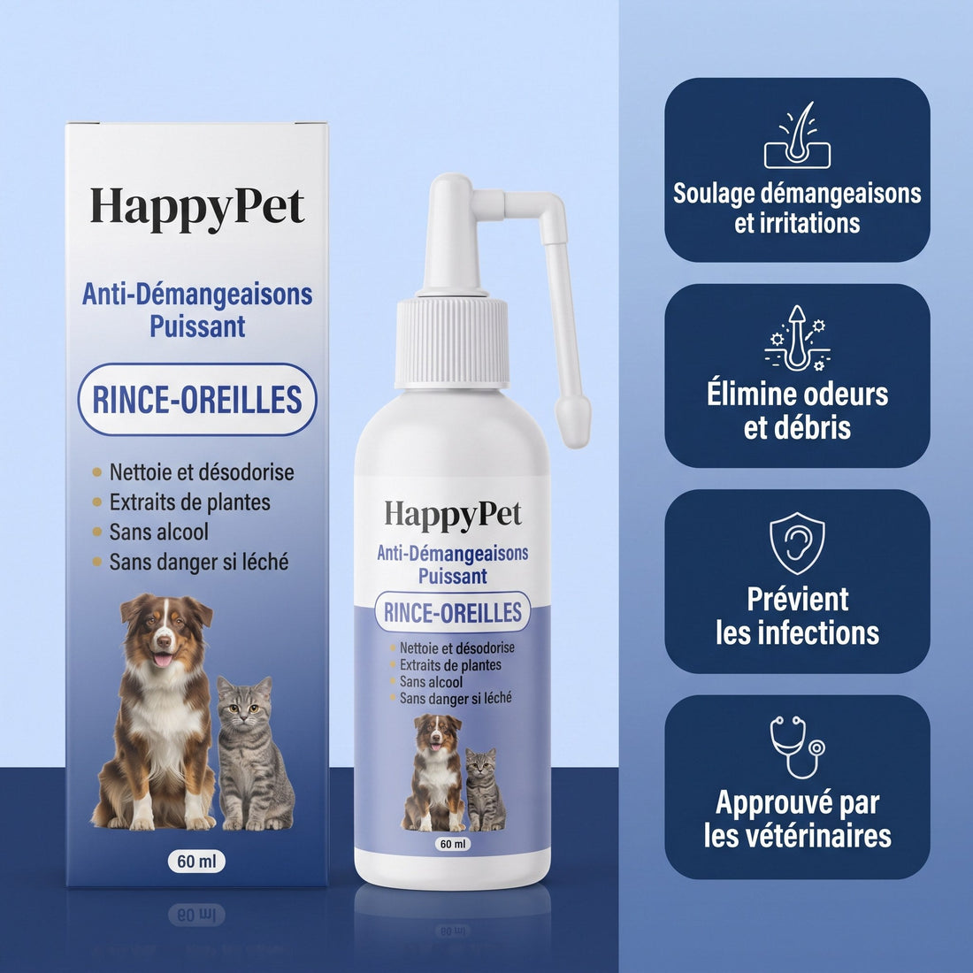 Nettoyant auriculaire HappyPet RINCE-OREILLES, flacon et boite